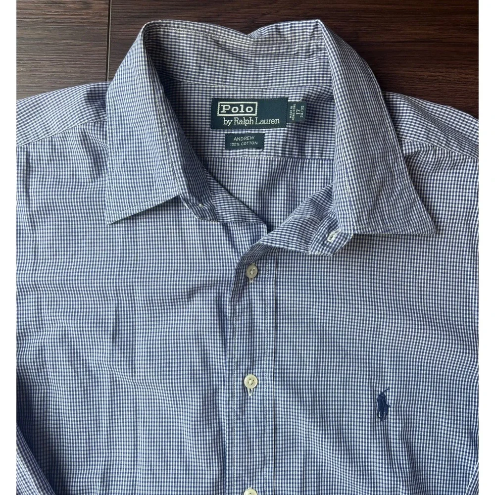 Polo Ralph Lauren Andrew Shirt Mens 17 34/35 Blue Gingham Cotton Button Down